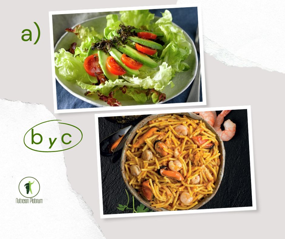 Ensalada de aguacate, hojas verdes y alga nori con fideos gordos con pescado y marisco